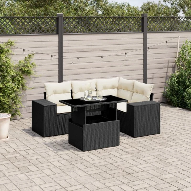 Polyrattan sofasæt 5 dele med hynder – sort