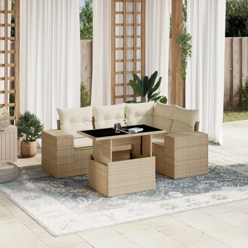 5-dele havesofasæt i polyrattan med hynder - beige