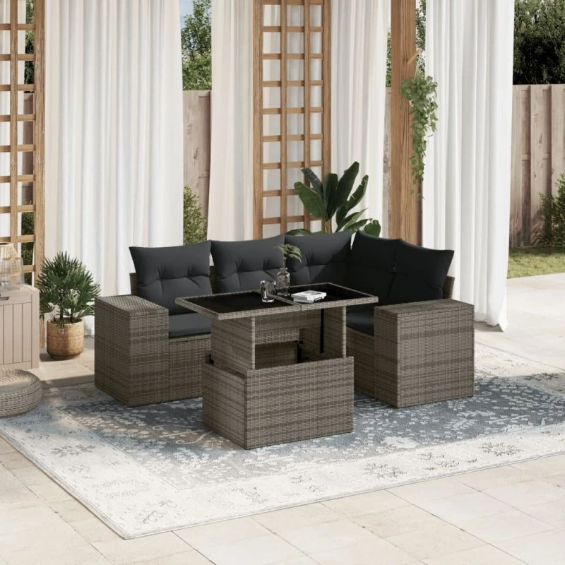 Havesofasæt 5 dele i polyrattan med hynder, grå