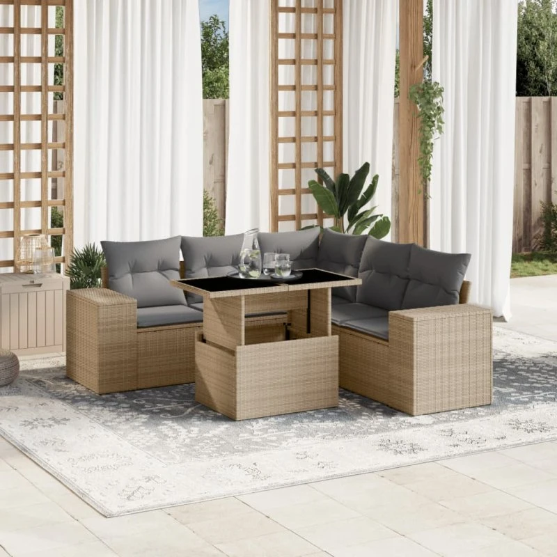 Havesofasæt 6 dele i beige polyrattan inkl. hynder