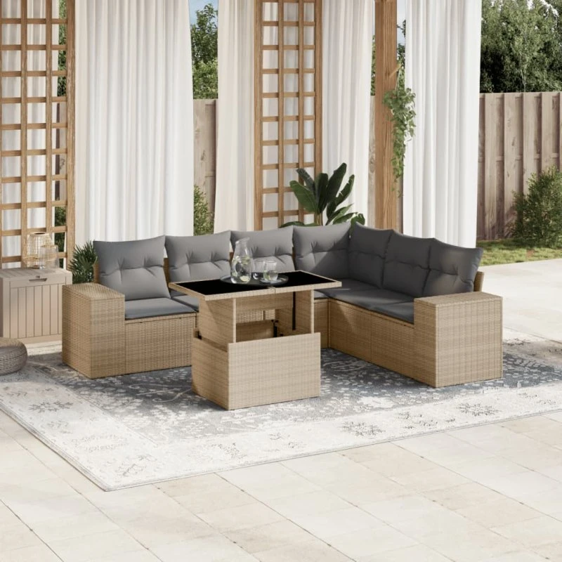 Sofasæt til haven 7 dele i polyrattan beige med hynder