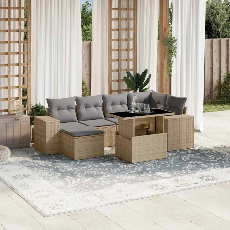 Havesofasæt 7 dele i polyrattan beige med hynder