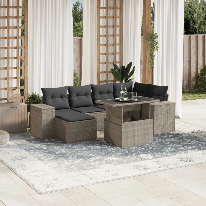 Havesofasæt 7 dele polyrattan lysegrå med hynder