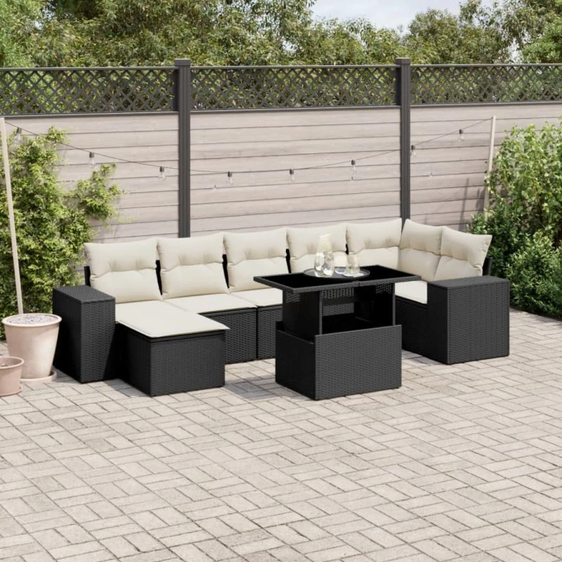 Havesofasæt 8 dele i sort polyrattan med hynder