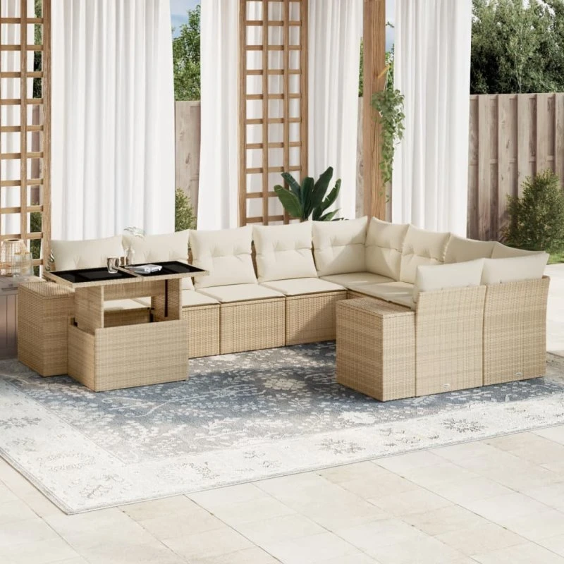 Sofasæt til have 10 dele i beige polyrattan med hynder