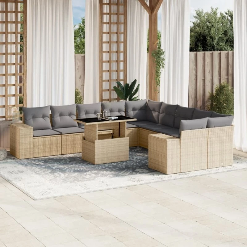 Havesofasæt 11 dele i beige polyrattan med hynder