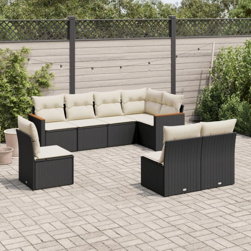 Sofasæt til have 8 dele i sort polyrattan m. hynder