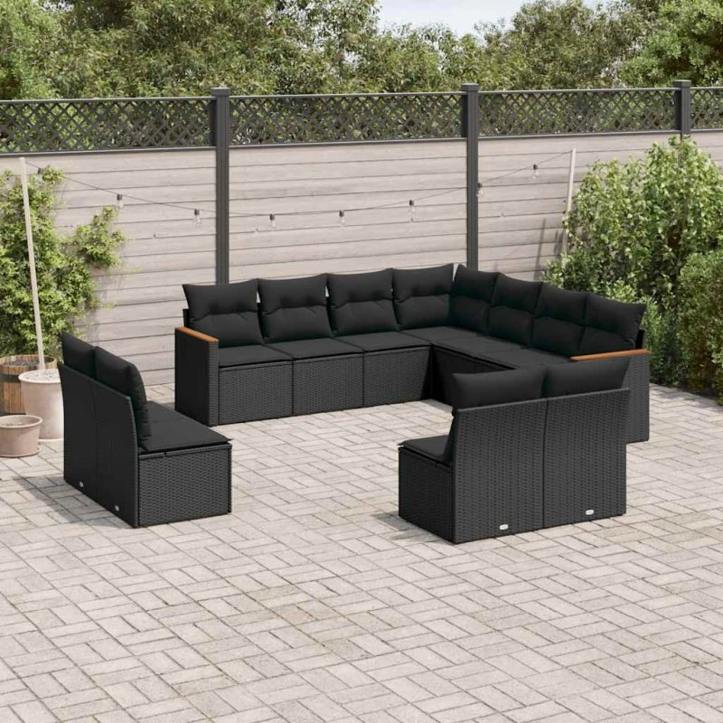 11-dele havesofasæt i polyrattan med hynder - sort