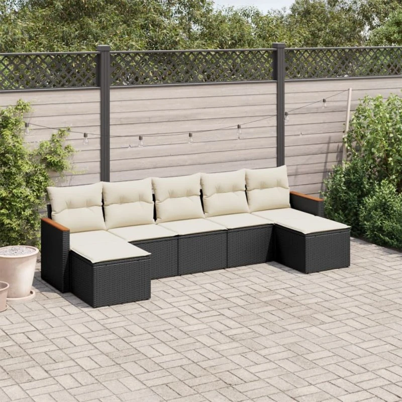 Havesofasæt 7 dele i sort polyrattan med hynder