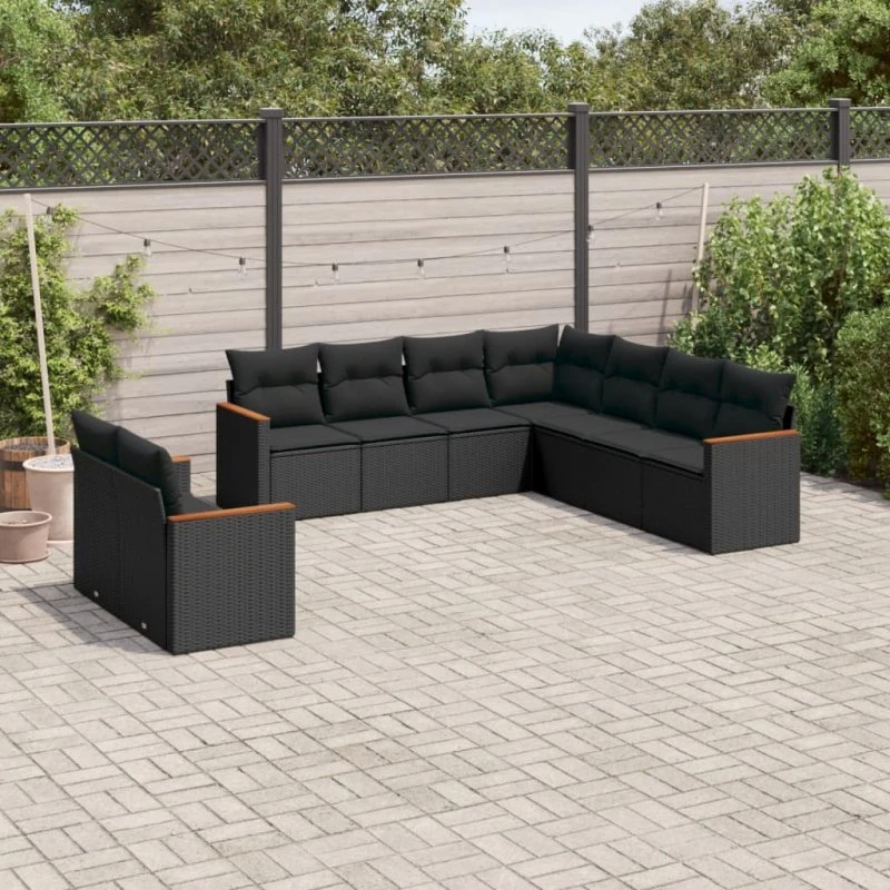 Sofasæt 9 dele i sort polyrattan med hynder
