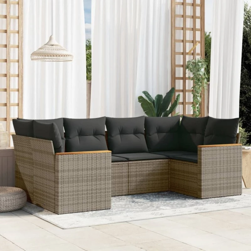Havesofasæt 6 dele i grå polyrattan med hynder