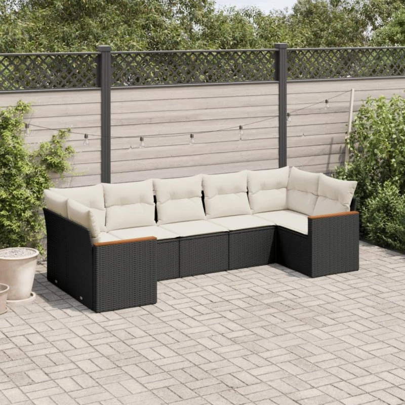 Havesofasæt 7 dele i sort polyrattan med hynder