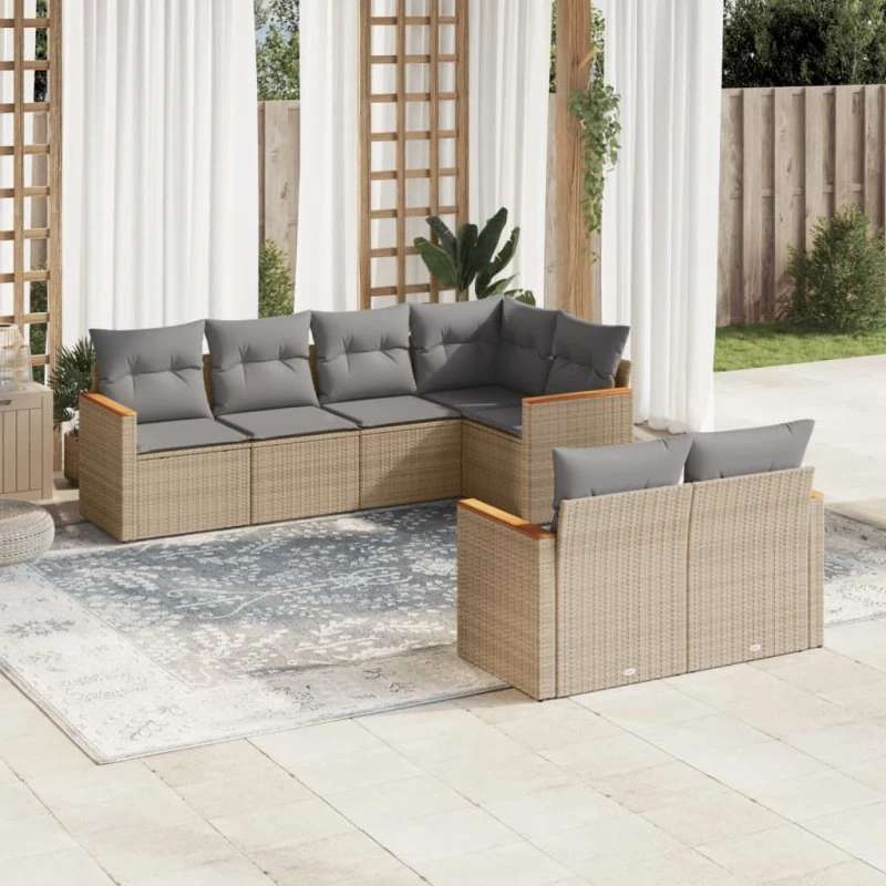 Havesæt 7 dele i polyrattan med hynder - beige