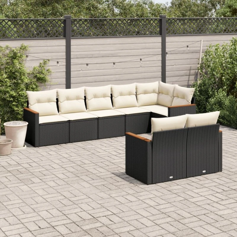 8-delers havesofasæt i sort polyrattan med hynder
