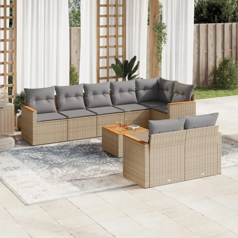 9-delers spisebordssæt i beige polyrattan med hynder