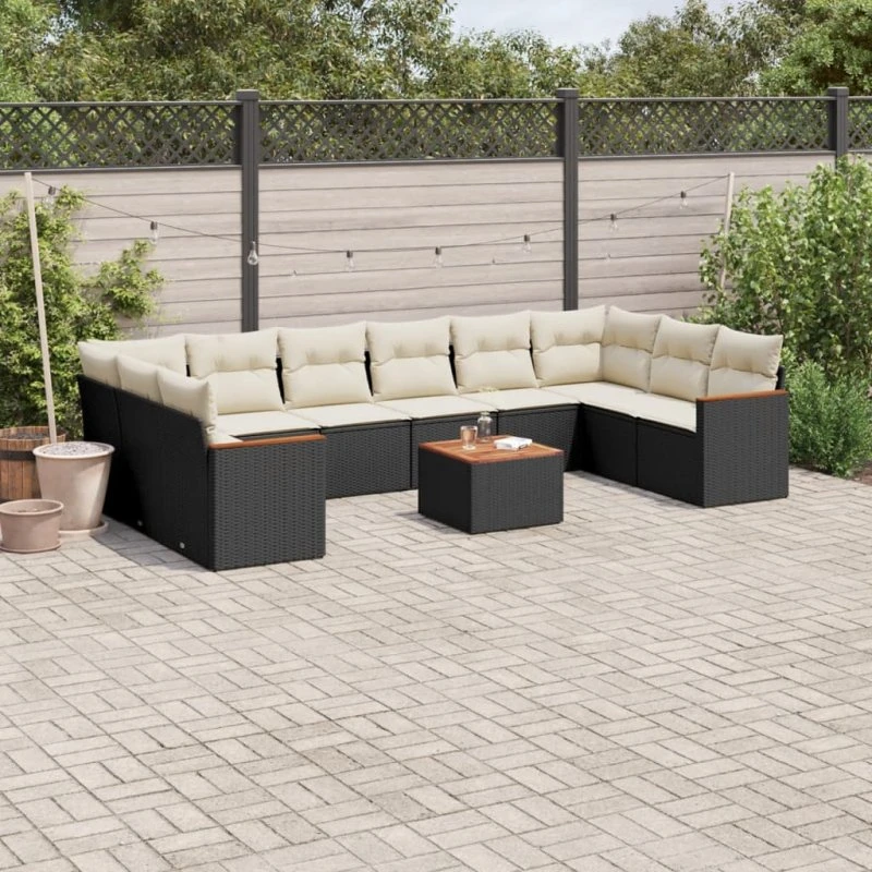 Sofasæt til haven 11 dele i sort polyrattan inkl. hynder