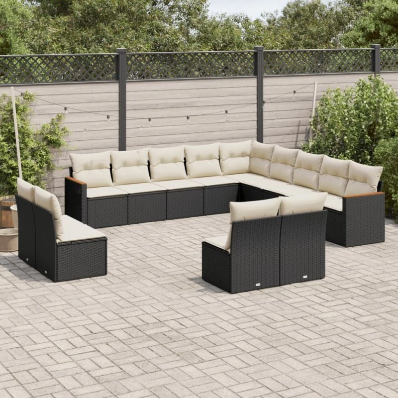 Havesofasæt 13 dele i sort polyrattan med hynder