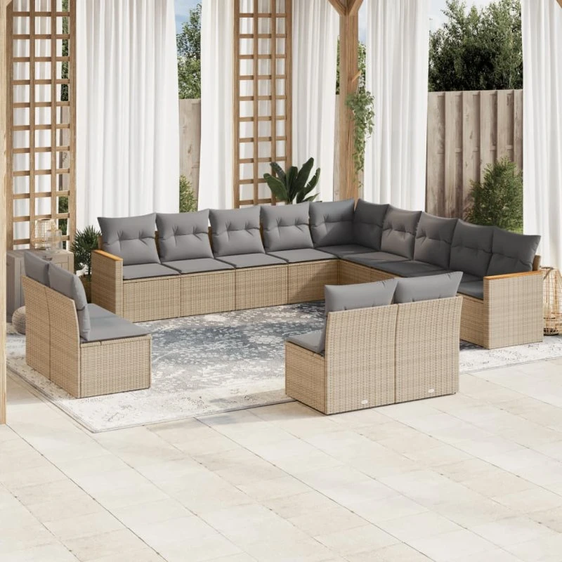Havesæt 13 dele i polyrattan med hynder - beige