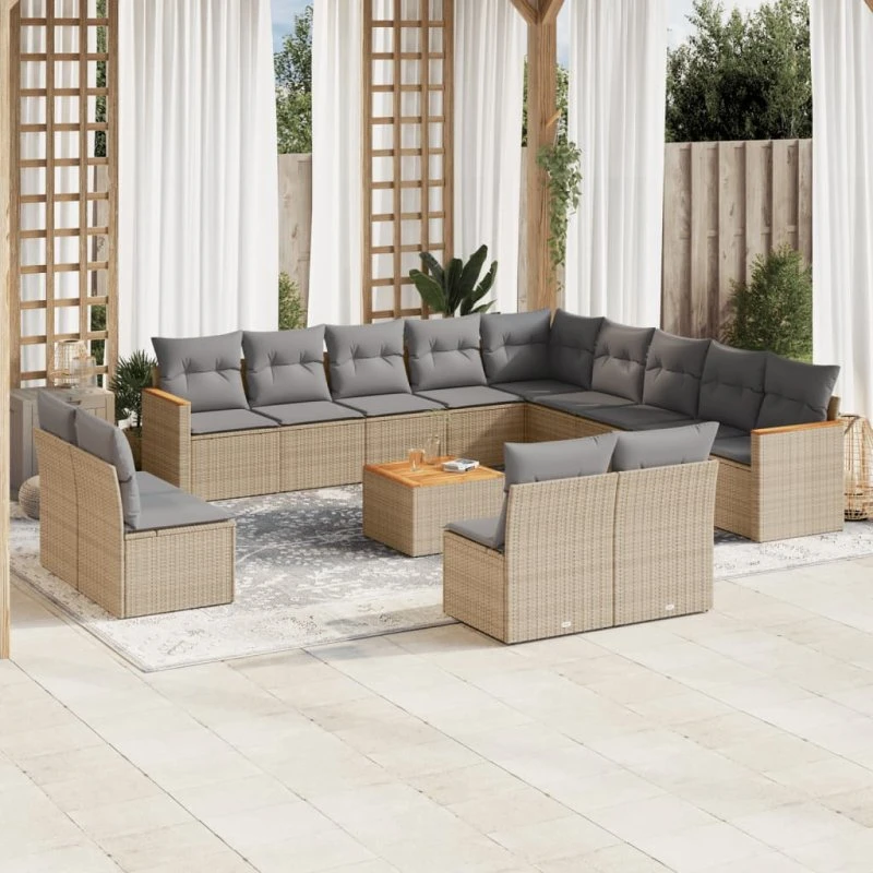 Havesofasæt 14 dele i polyrattan med hynder - beige
