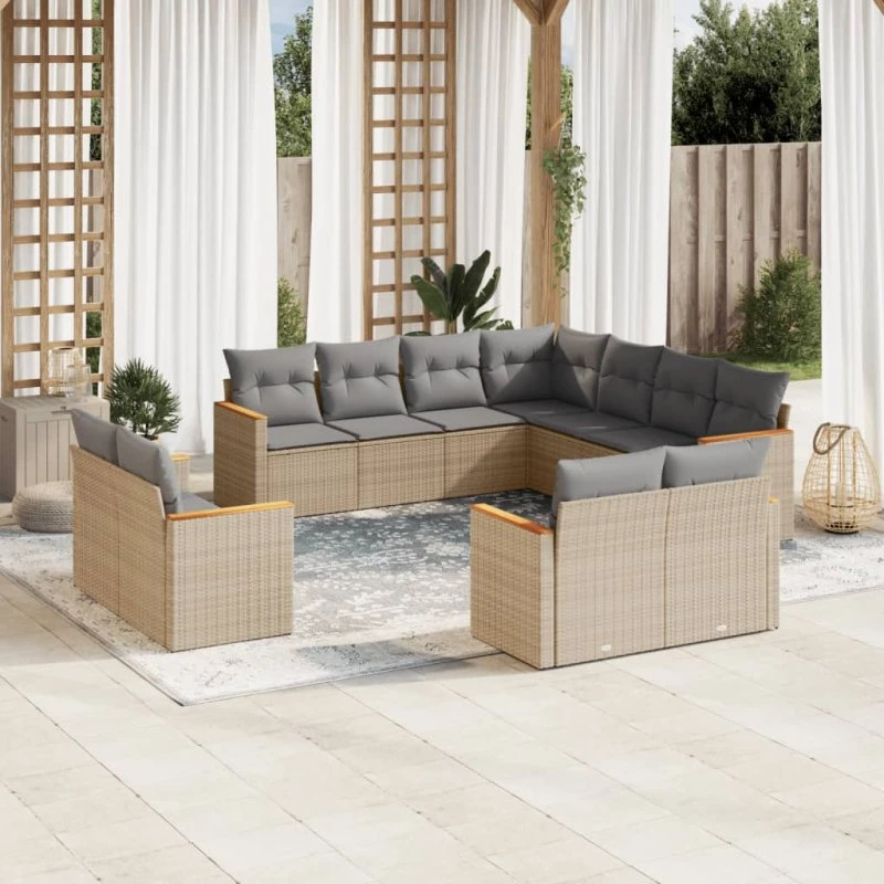 Havesofasæt 11 dele i polyrattan – beige med hynder
