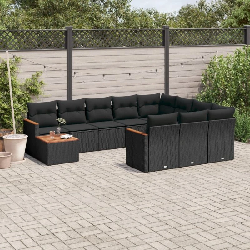 Havesofa sæt 11 dele i polyrattan med hynder – sort