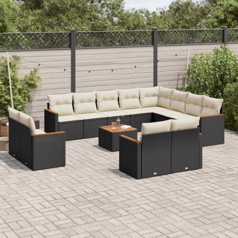 Havesofasæt 13 dele polyrattan sort med hynder