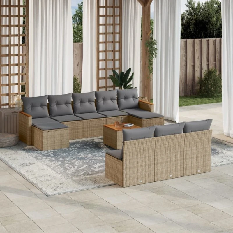 Havesofasæt 11 dele polyrattan med hynder, beige
