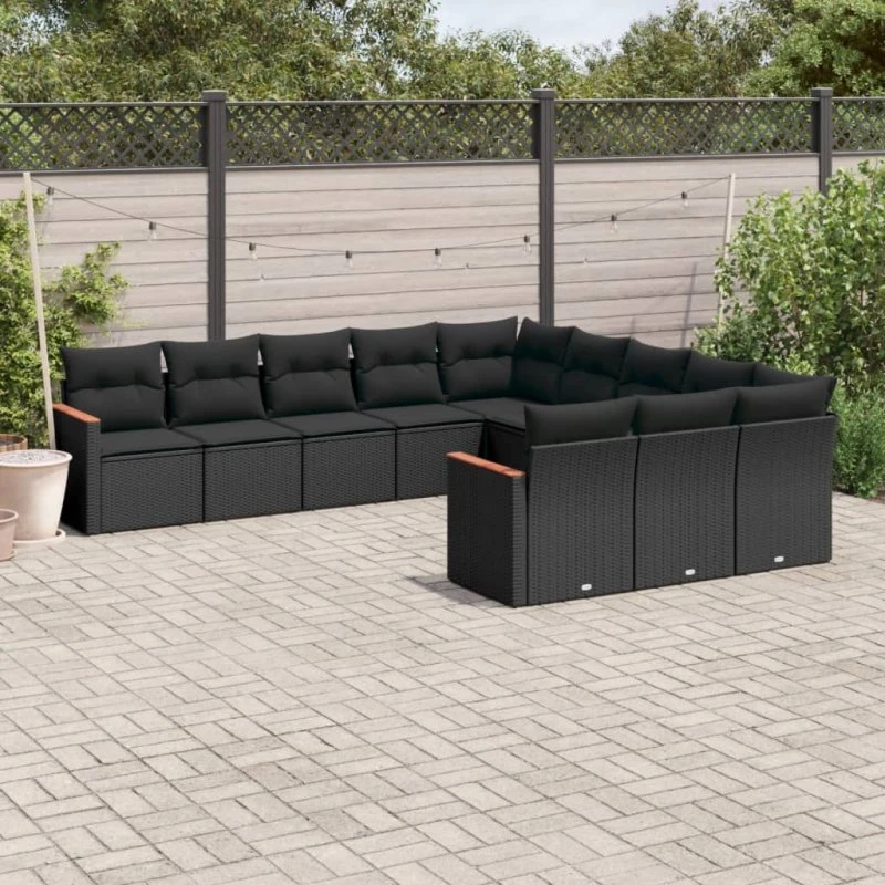 Polyrattan sofasæt til haven 11 dele med hynder - sort