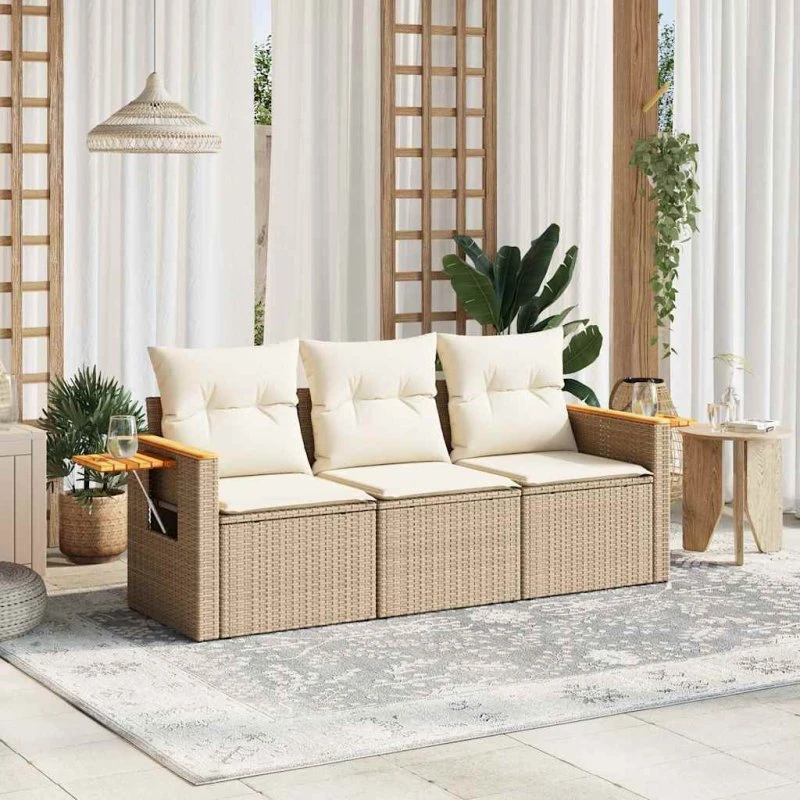 Sofasæt til haven 3 dele i beige polyrattan med hynder