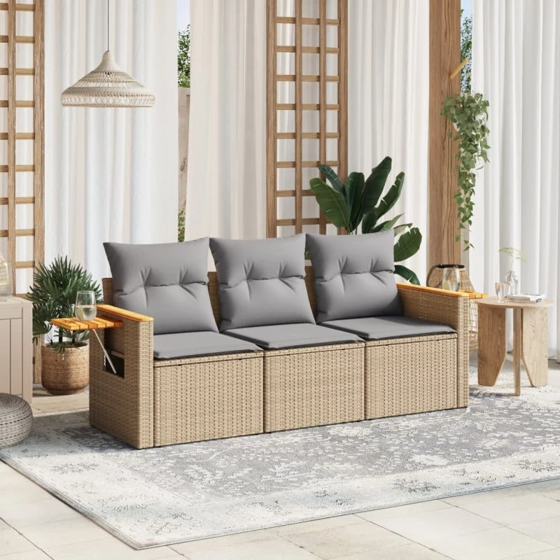 Sofasæt til haven 3 dele i beige polyrattan med hynder