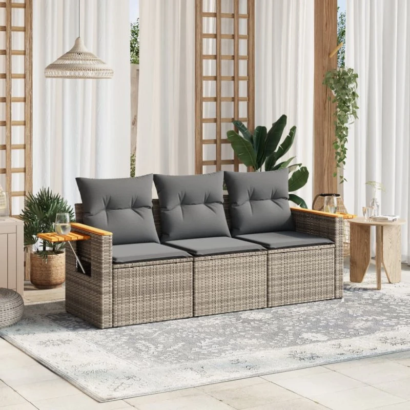 Havesofasæt 3 dele i polyrattan med hynder, grå