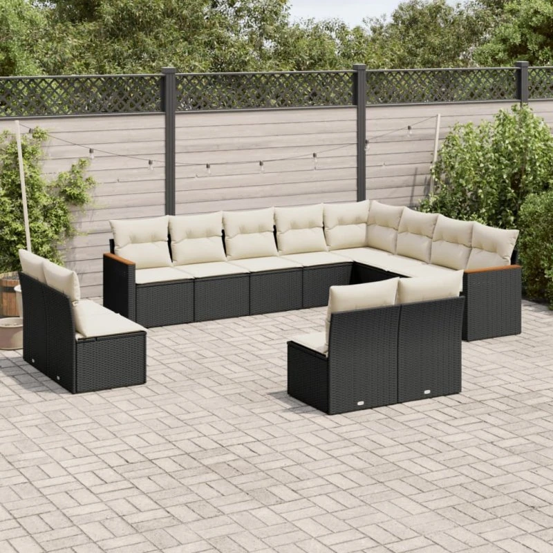 12-del polyrattan havemøbelsæt med hynder - sort