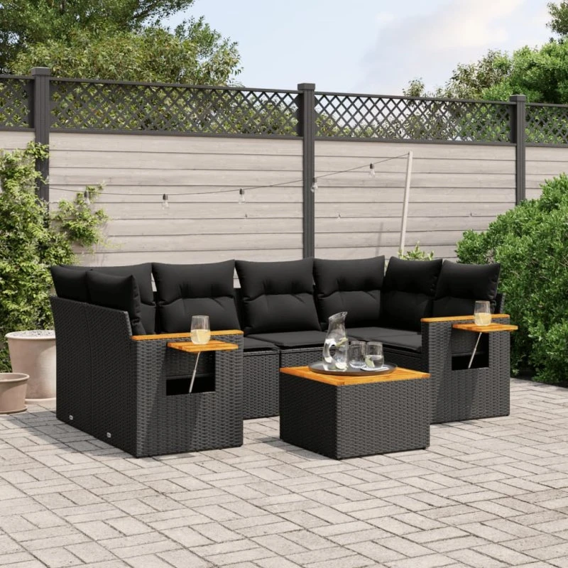Havesofasæt 7 dele polyrattan sort m. hynder