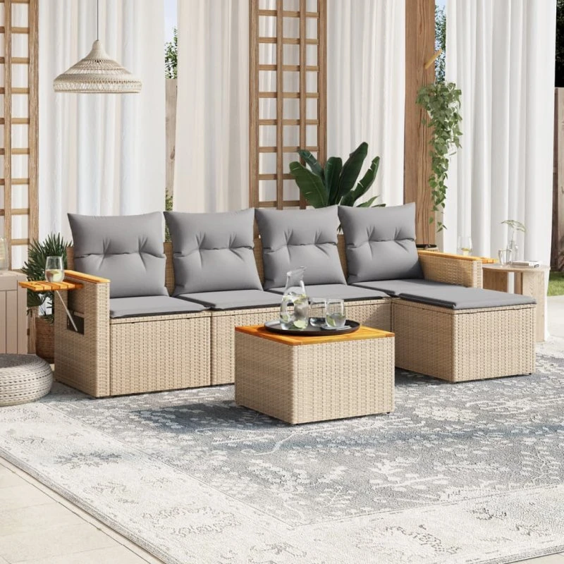 6-dele havemøbelsæt i polyrattan med hynder – beige