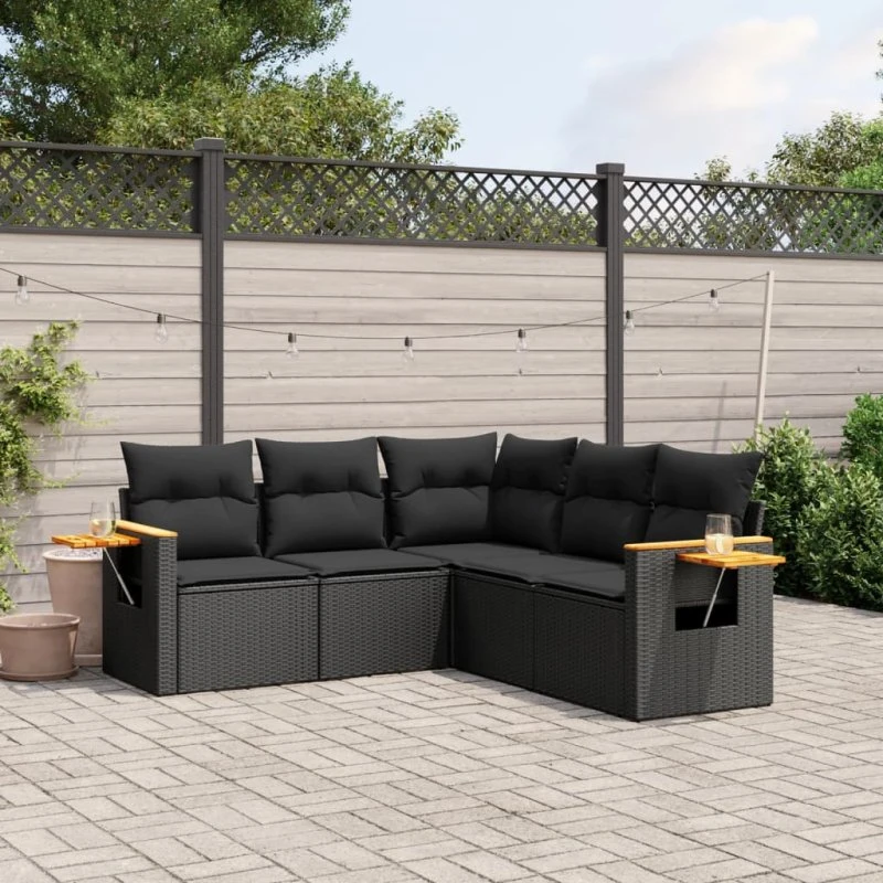 Havesæt 5 dele i sort polyrattan med hynder