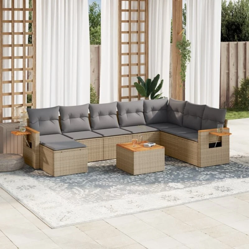 Sofasæt til haven 9 dele i polyrattan – beige