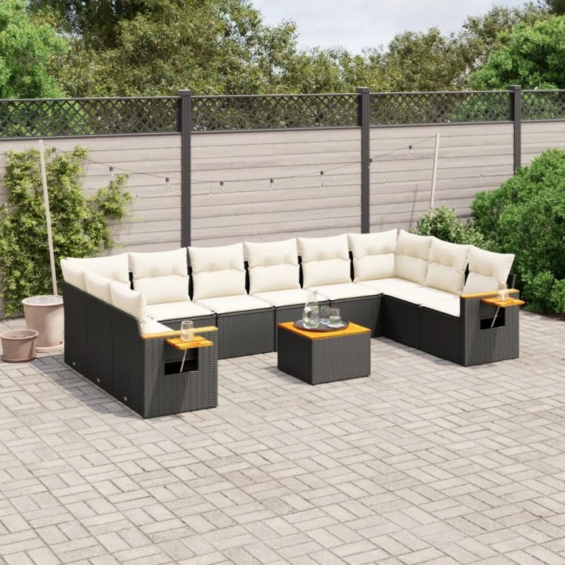 Havesofa-sæt 11 dele, sort polyrattan med hynder