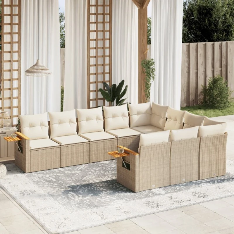 Havesofasæt 10 dele polyrattan beige med hynder