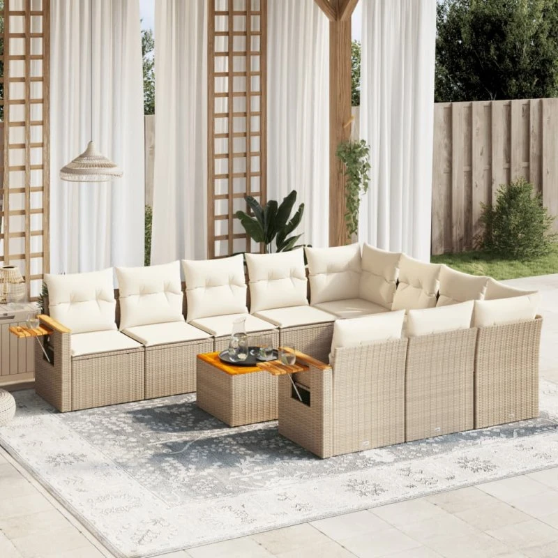 11-delers havemøbelsæt i polyrattan med hynder – beige