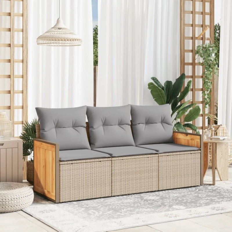 Havesofasæt 3 dele i polyrattan med hynder – beige