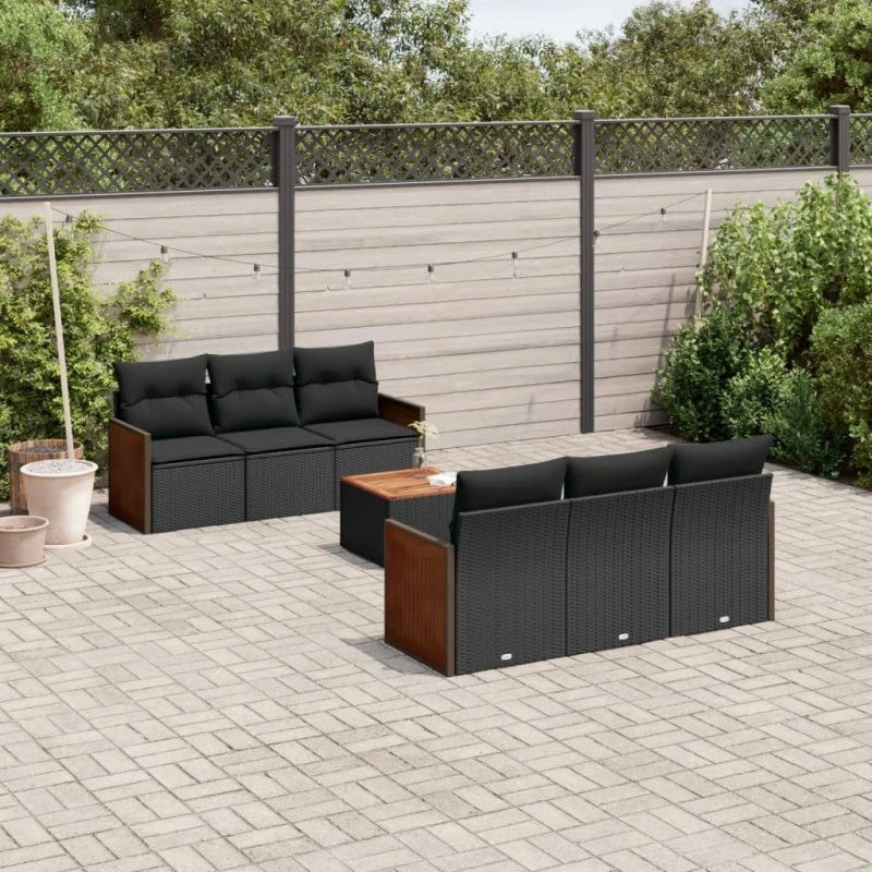 Havesæt 7 dele i sort polyrattan med hynder