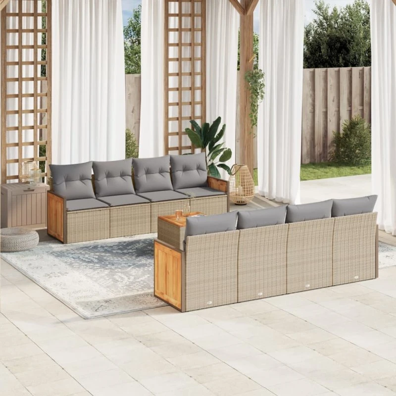 9-dele havesofasæt i polyrattan med hynder - beige