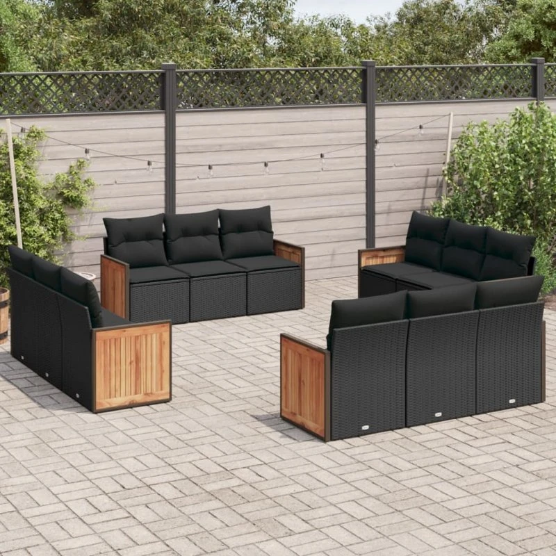Havesofasæt 12 dele i polyrattan med hynder – sort