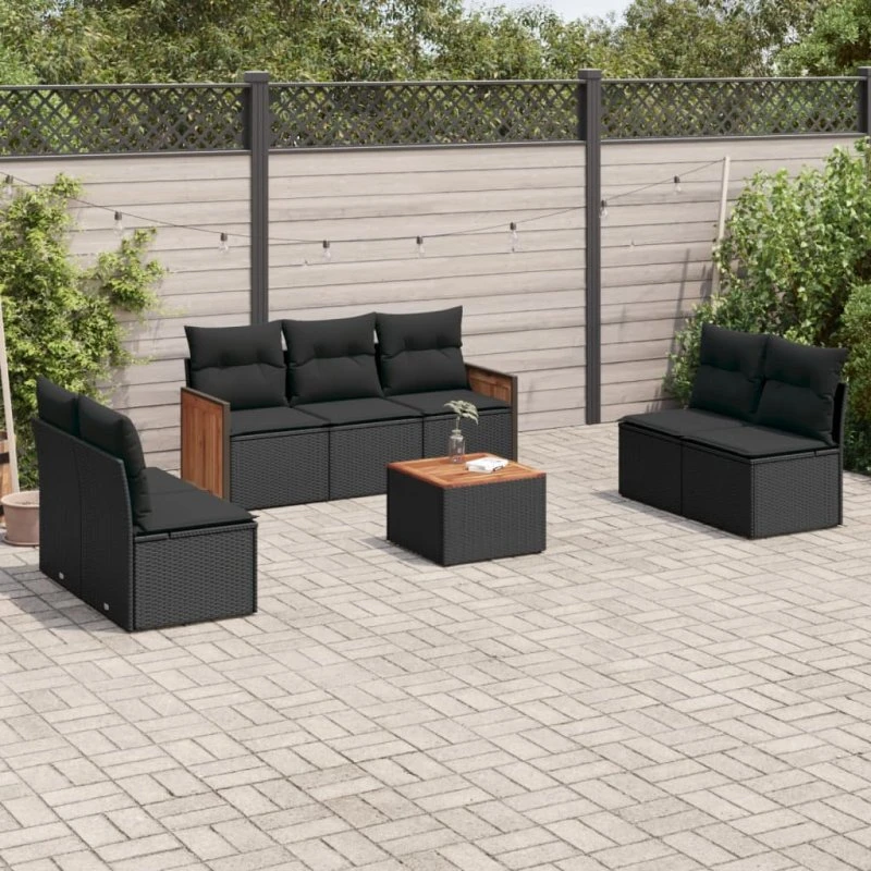 Havesofasæt 8 dele i sort polyrattan m. hynder