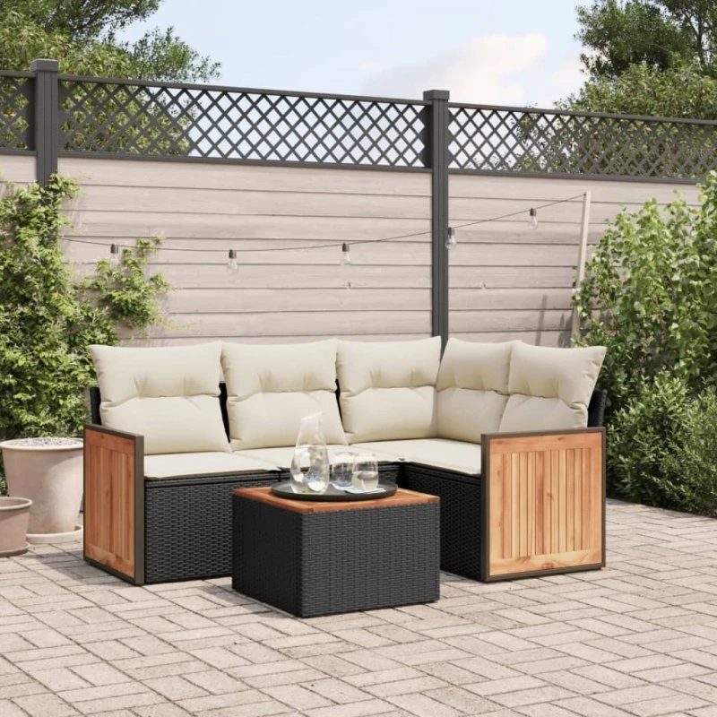Havesofasæt 5 dele i sort polyrattan m. hynder