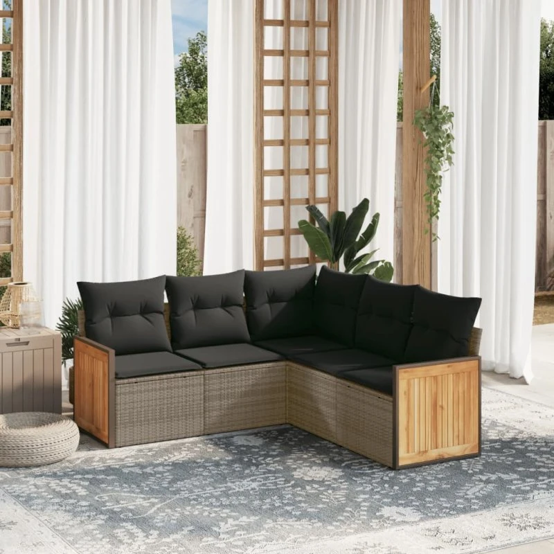 5-dele polyrattan sofasæt med hynder – gråt