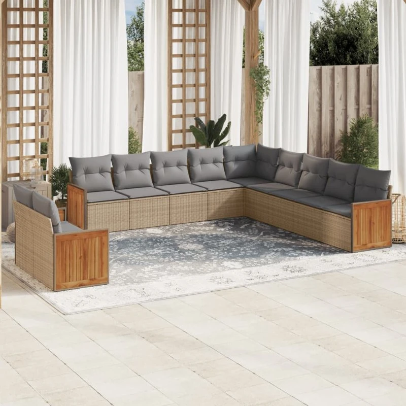 Havesæt 11 dele i polyrattan med hynder – beige