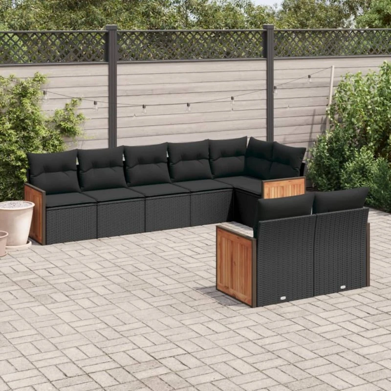 8-delers havesofasæt i sort polyrattan med hynder