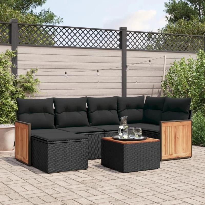 Havesofasæt 7 dele i polyrattan med hynder - sort