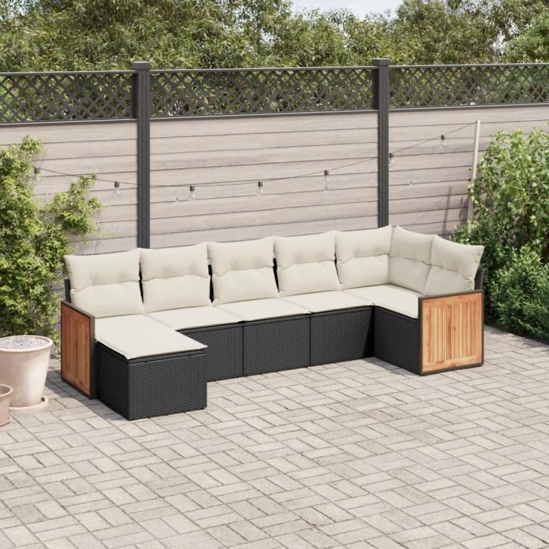 Havesofasæt 7 dele i sort polyrattan med hynder